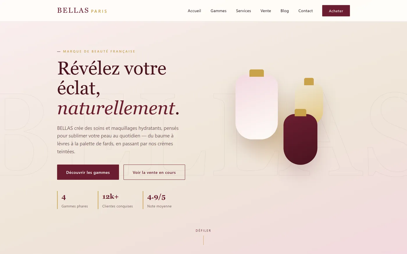 The Bellas rebuild: the headline Révélez votre éclat, naturellement set on blush pink beside three illustrated product bottles.