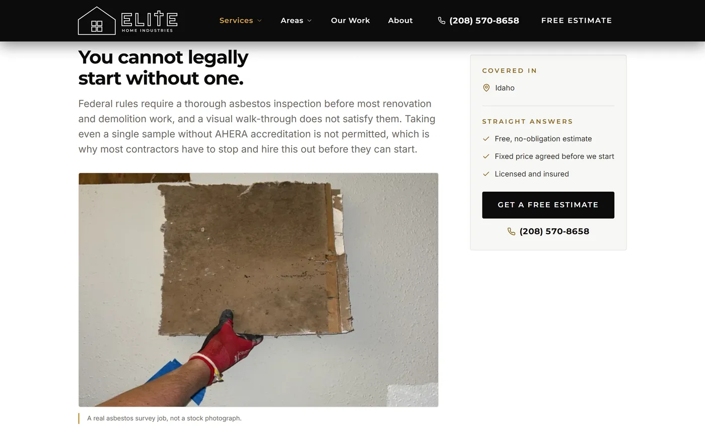 The asbestos survey service page, explaining that a survey is legally required before most renovation or demolition work.
