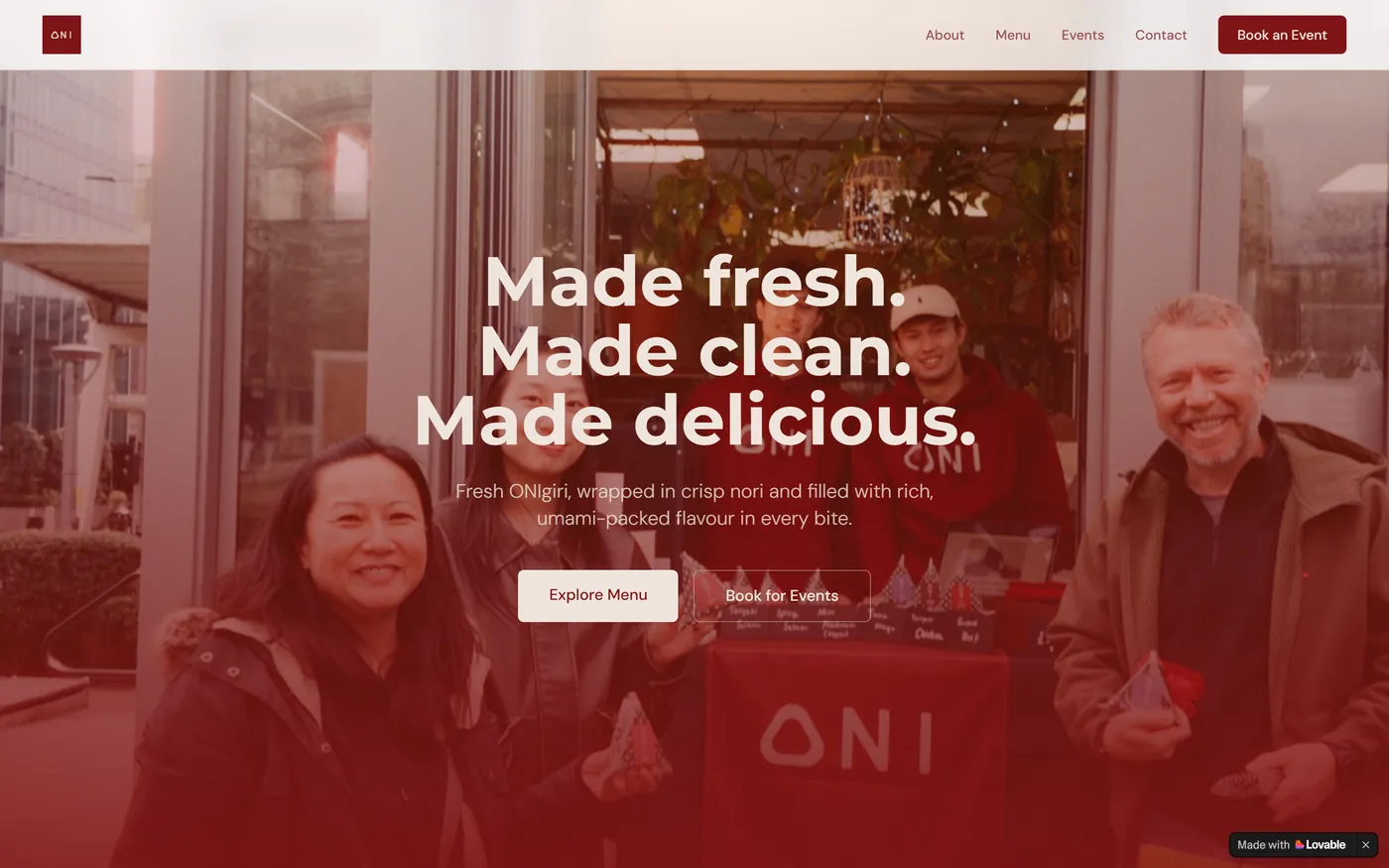 The original ONI homepage: a full screen photograph with the headline laid over it and two buttons.