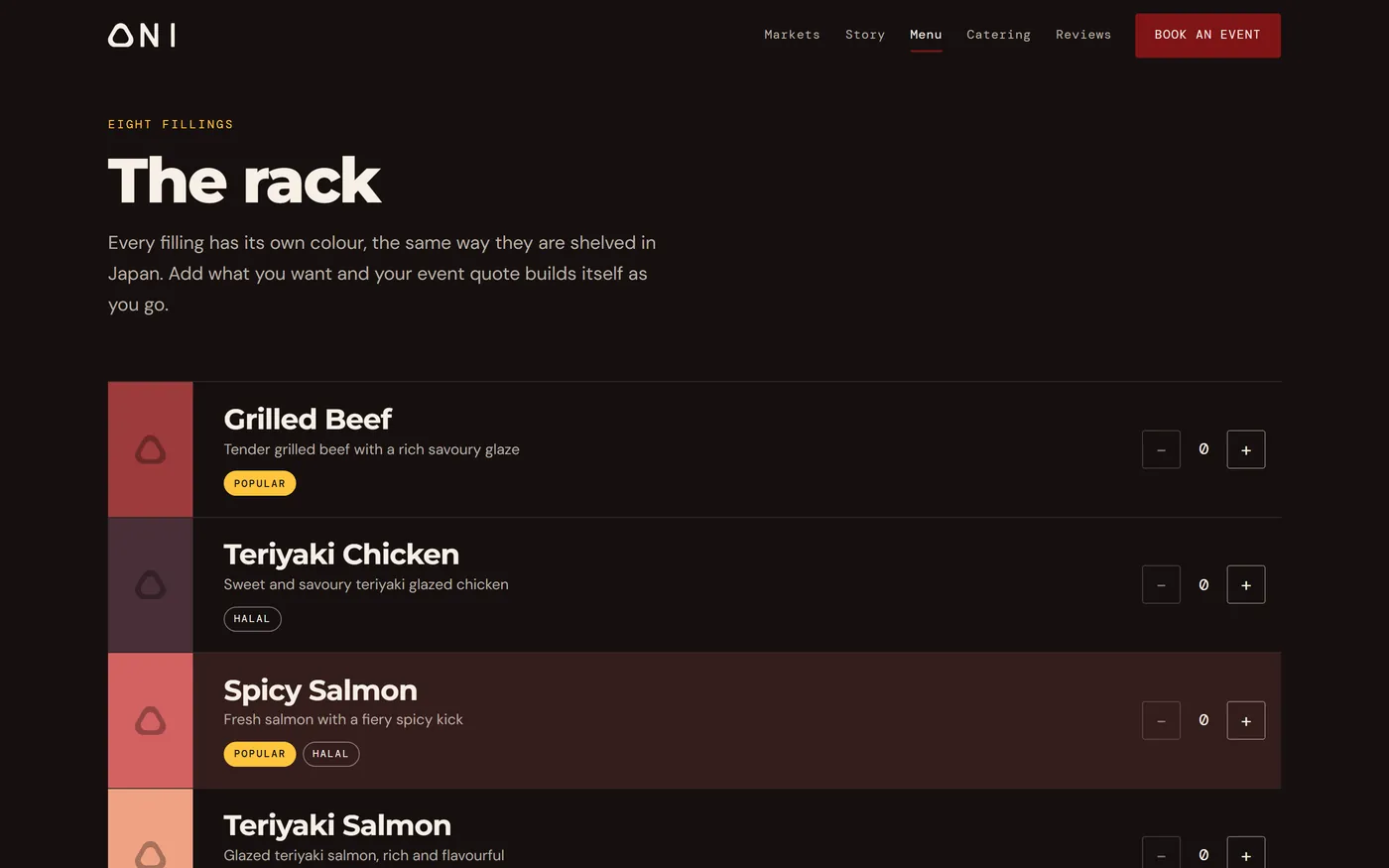 The ONI menu rendered as eight full width colour bands, one per filling, each with its own quantity stepper.